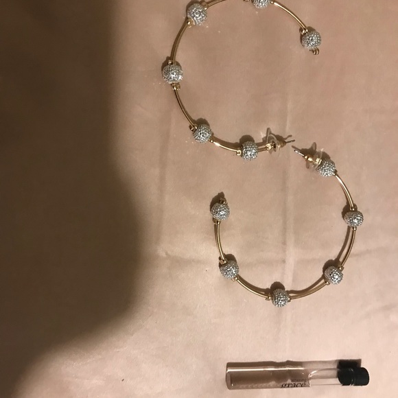 Gold large hoop earrings w rhinestones - Picture 2 of 3